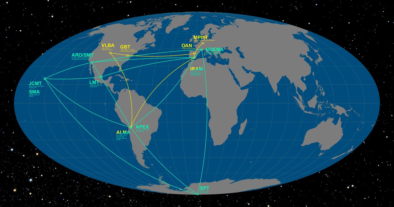 This infographic details the locations of the participating telescopes of the Event Horizon Telescope (EHT) and the Global mm-VLBI Array (GMVA). Their goal is to image, for the very first time, the shadow of the event horizon of the supermassive black hole at the centre of the Milky Way, as well as to study the properties of the accretion and outflow around the Galactic Centre.