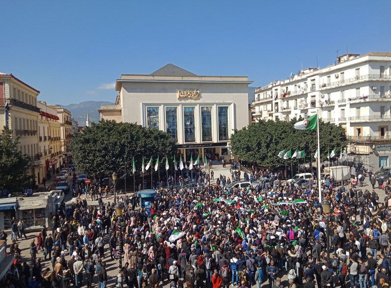 Algerians participate in a protest rally against ailing President's bid for a fifth term in power, in the northeastern city of Annaba on March 3, 2019. - The demonstrations came a week after tens of thousands of people rallied in the North African state against 82-year-old Abdelaziz Bouteflika's decision to stand in the April 18 election. (Photo by STRINGER / AFP)