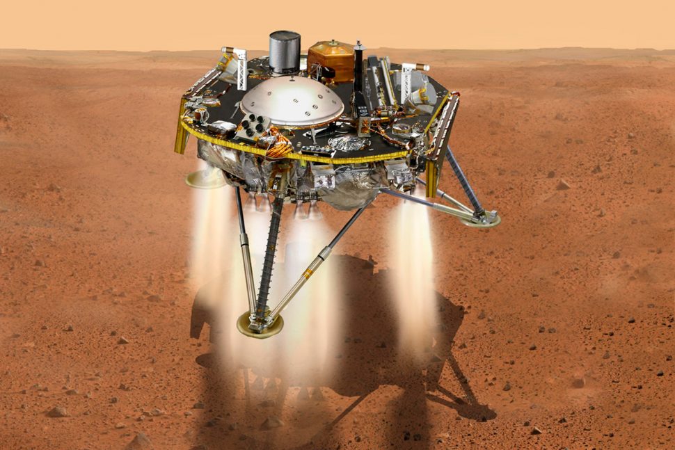 Cette image créée par ordinateur montre la sonde InSight en train de se poser sur le sol de la planète Mars. (© NASA/JPL-Caltech)